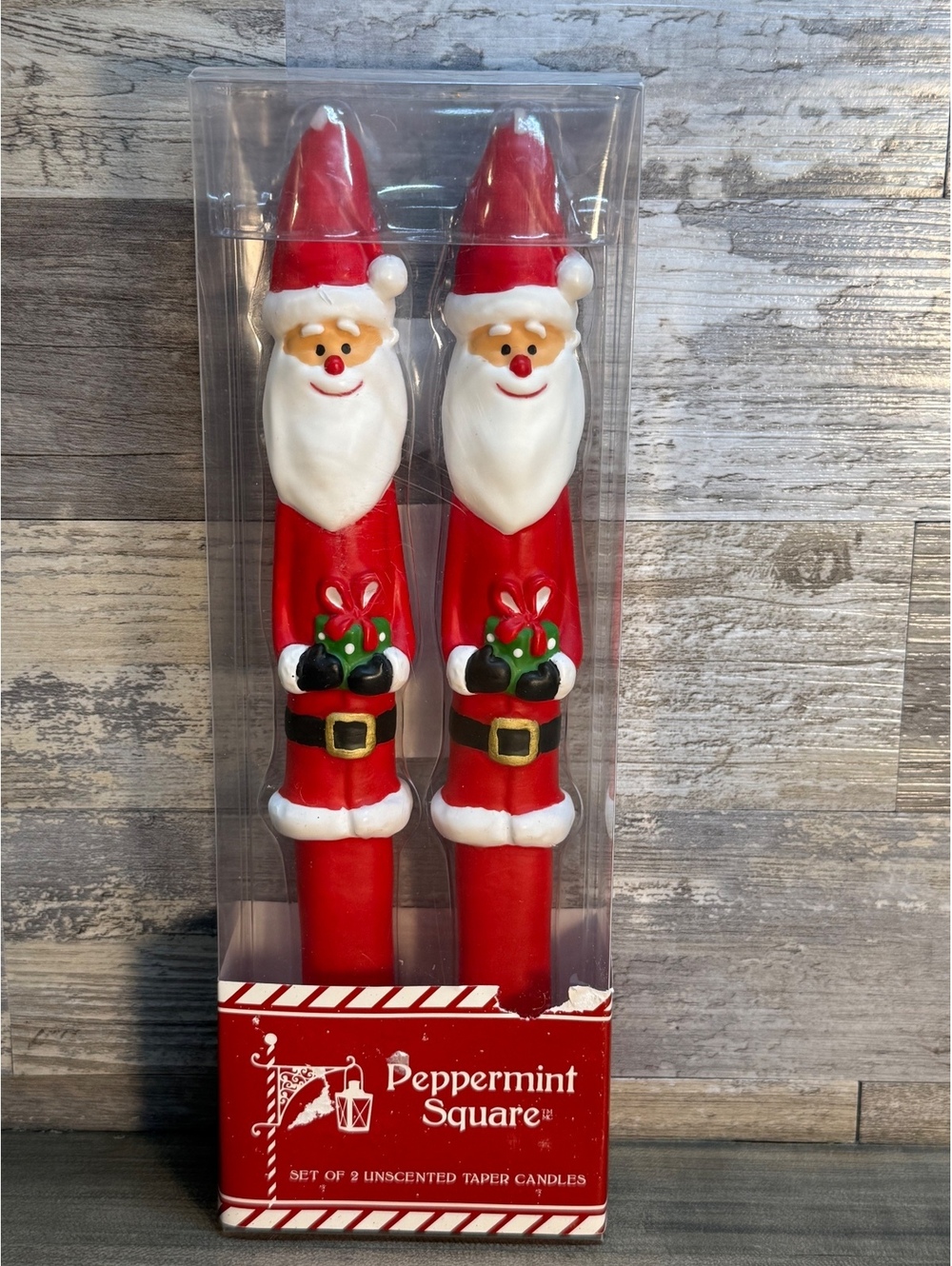Peppermint Square Santa Taper Candles Set of 2 Unscented Christmas (x01/0117)